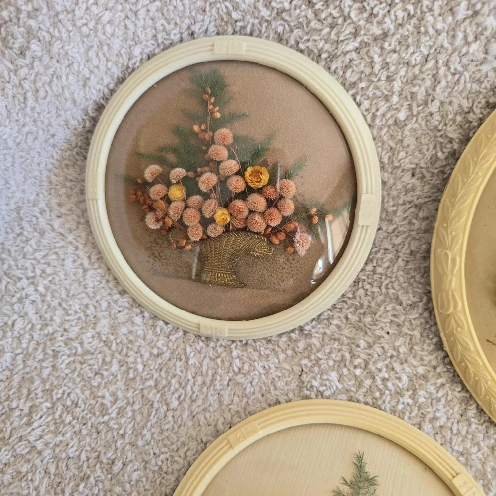 Vintage Dried Flowers In Baskets W/convex Glass Frames Wall Plaques Set Of 8